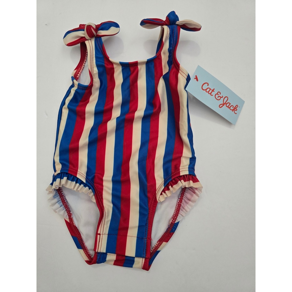 Cat & Jack Girls One Piece Swimsuit Red White Blue Striped UPF 50+ NWT 0-3M - Picture 2 of 8